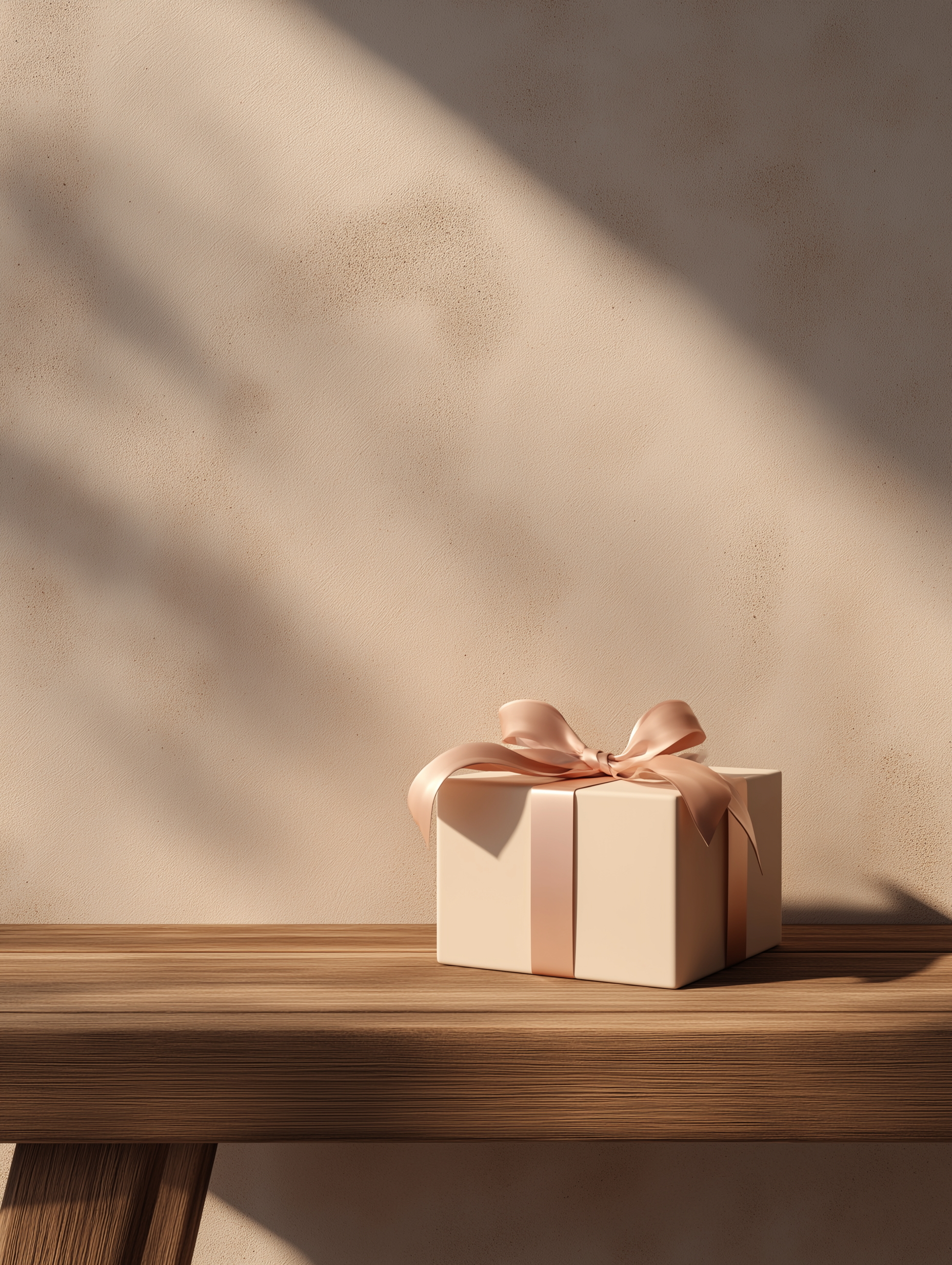 elegant closed gift box in matte champagne or soft cream tones, tied with a simple soft blush satin ribbon in a neat bow, placed on a warm wooden bench