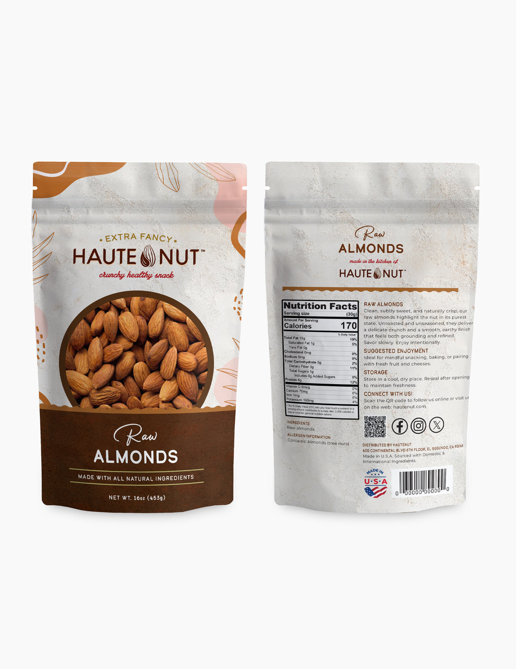 Haute Nut raw almonds packaging with front and back views on a white background