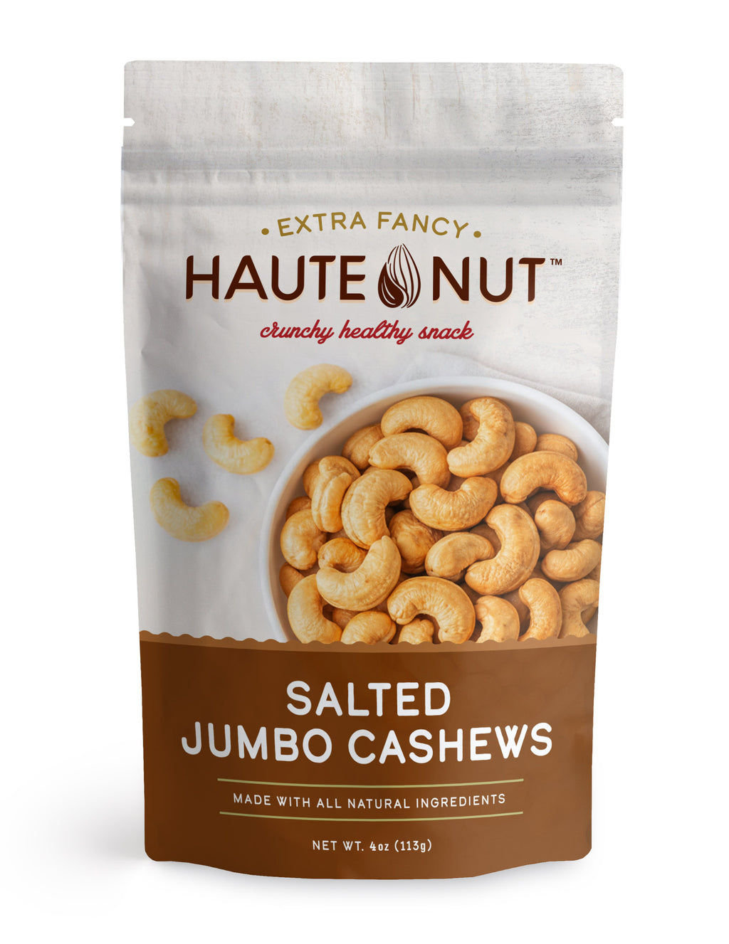 Packaging of Haute Nut salted jumbo cashews on a white background