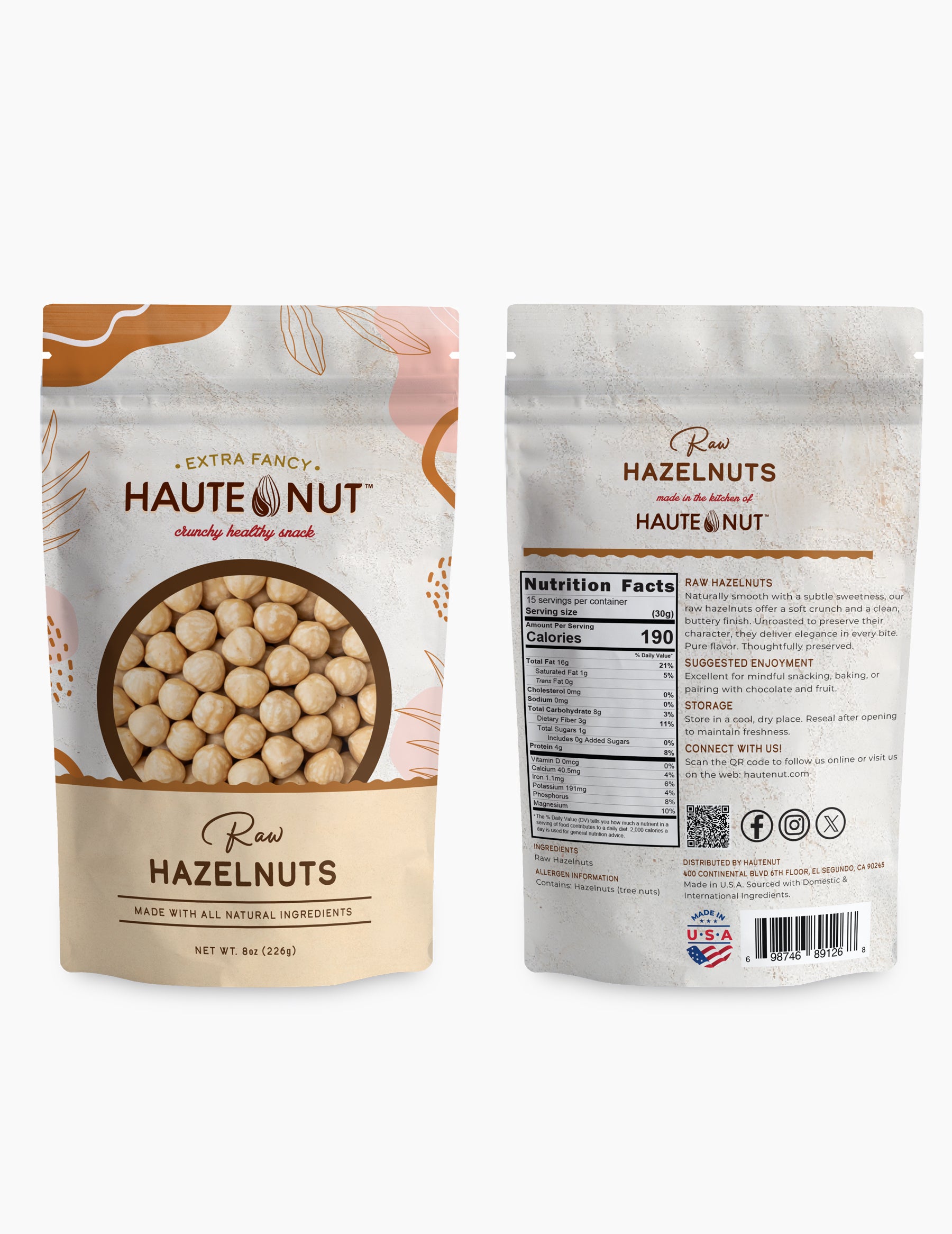 Haute Nut hazelnut packaging with front and back views on a white background