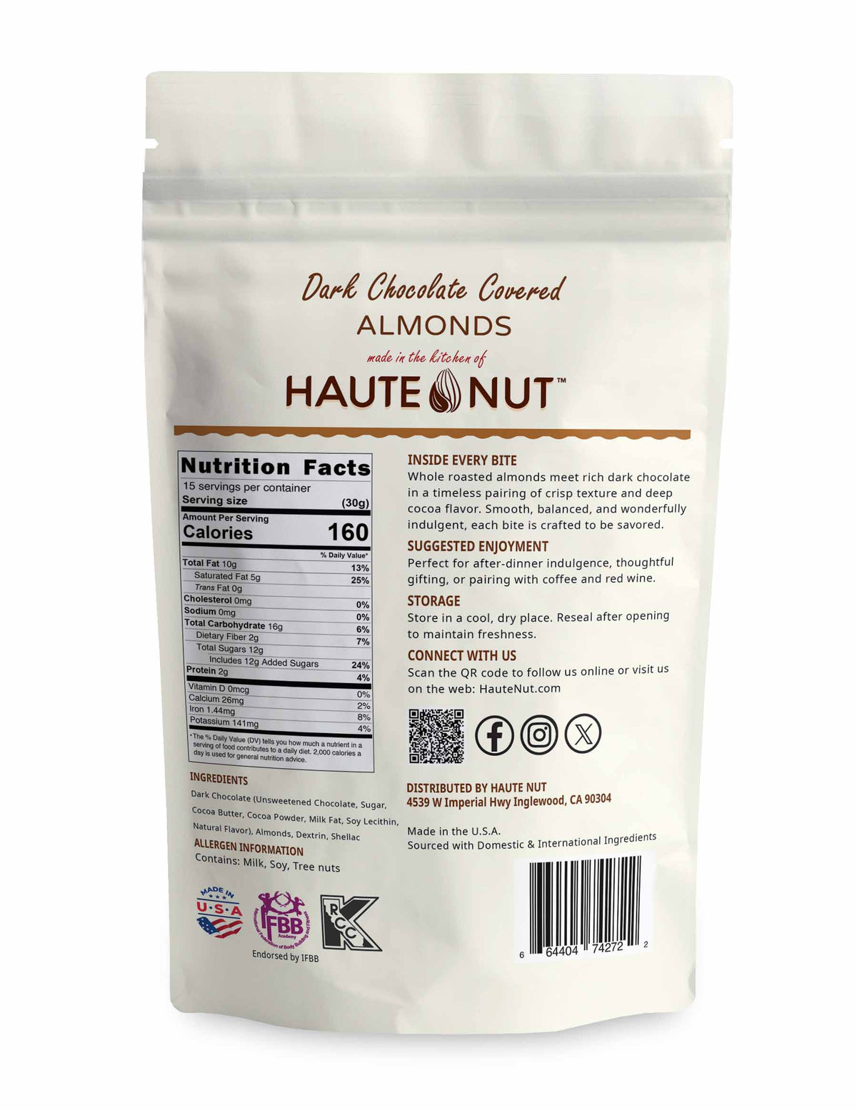 Dark Chocolate Covered Almonds back package nutrition and ingredients - HAUTE NUT Chocolate Nuts