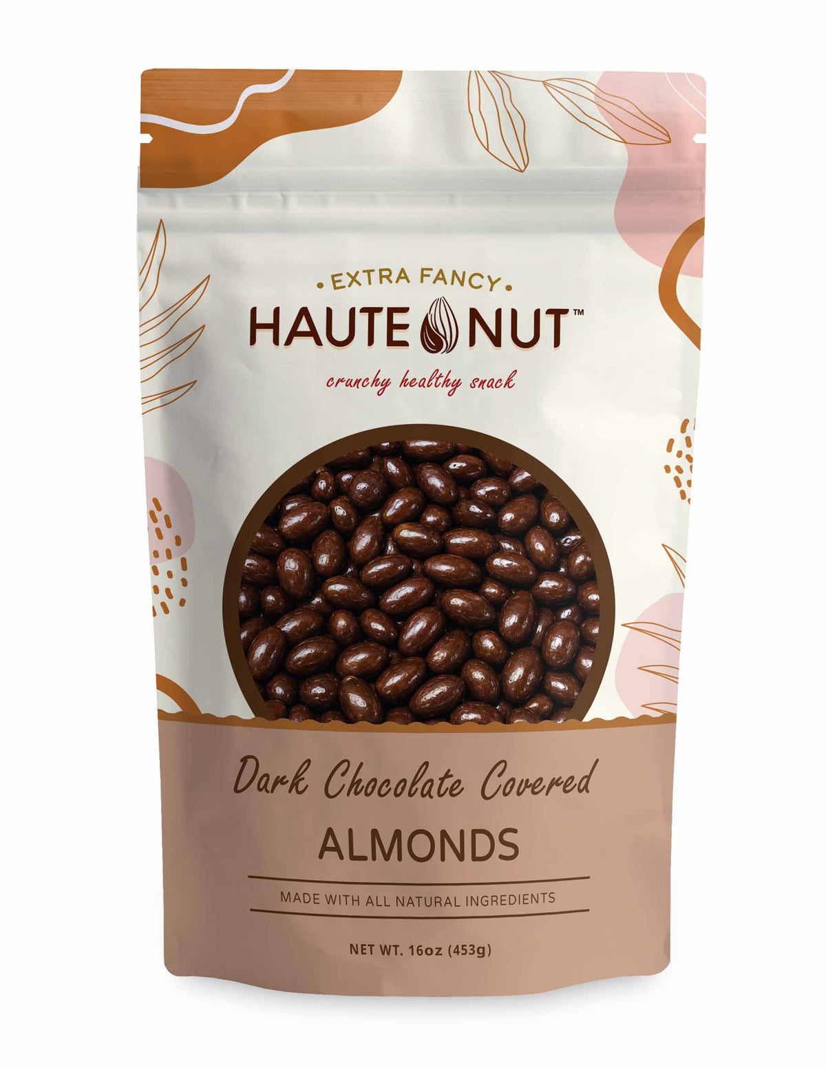 Dark Chocolate Covered Almonds front package - HAUTE NUT Chocolate Nuts product image