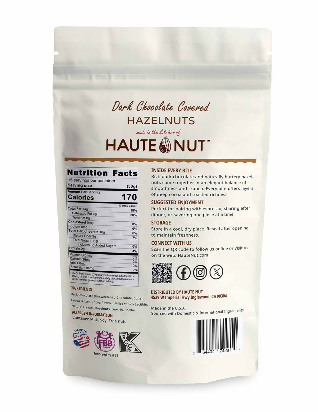 Dark Chocolate Covered Hazelnuts back package nutrition and ingredients - HAUTE NUT Chocolate Nuts