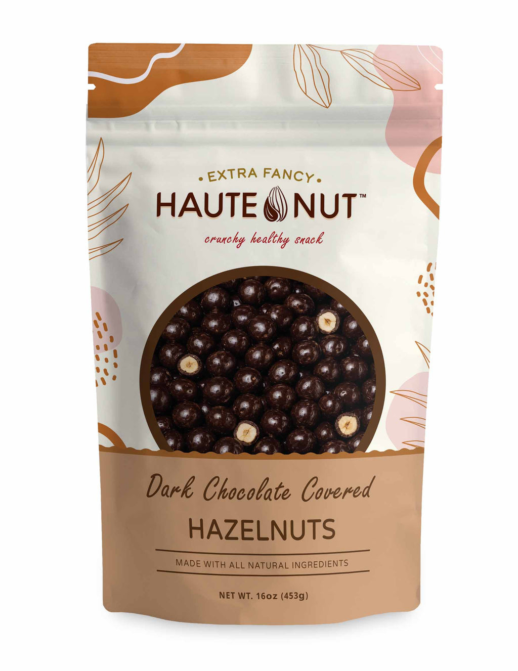 Dark Chocolate Covered Hazelnuts front package - HAUTE NUT Chocolate Nuts product image