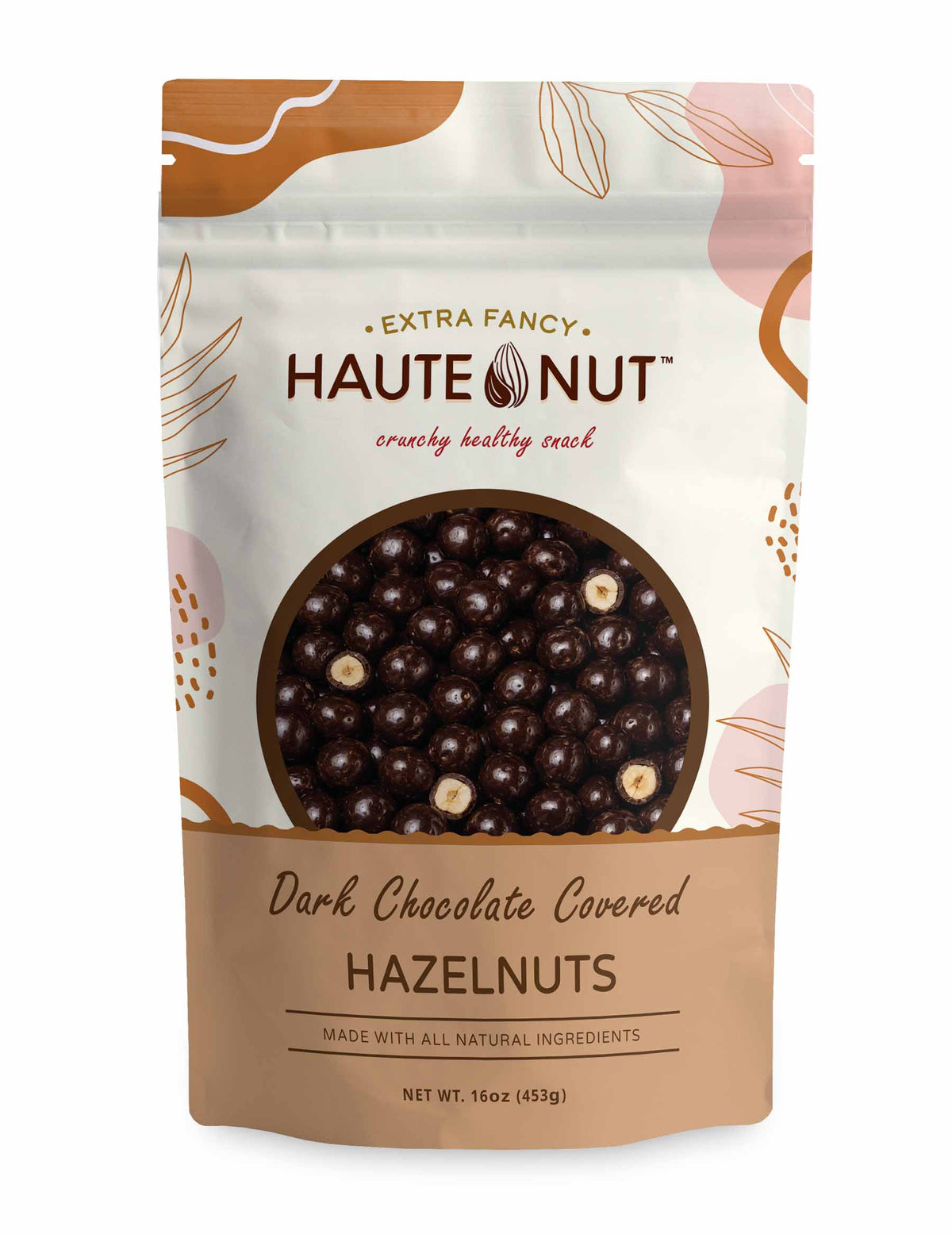 Dark Chocolate Covered Hazelnuts front package - HAUTE NUT Chocolate Nuts product image