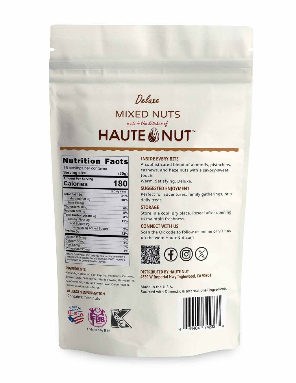 Deluxe Mixed Nuts back package nutrition and ingredients - HAUTE NUT Mixed Nuts