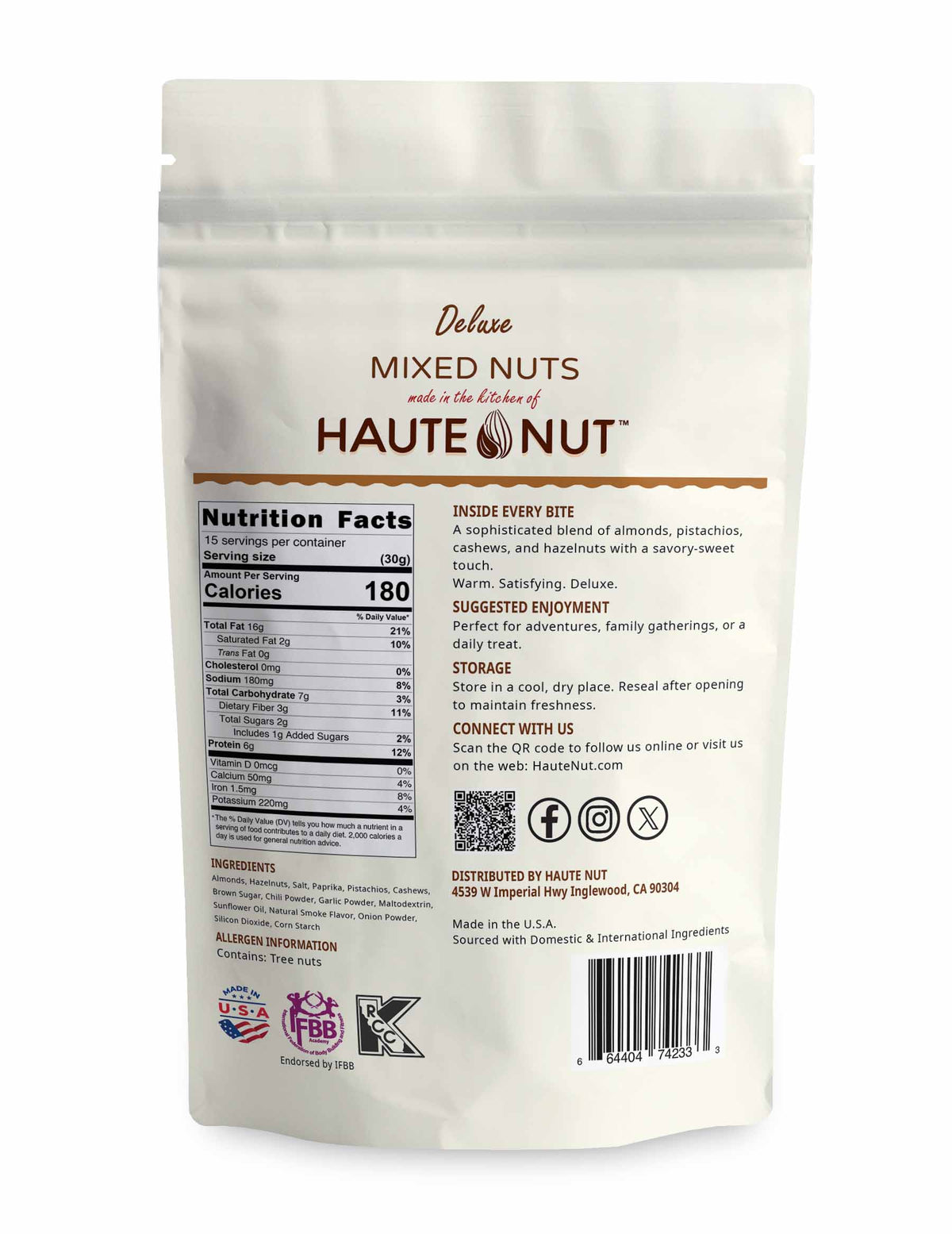 Deluxe Mixed Nuts back package nutrition and ingredients - HAUTE NUT Mixed Nuts
