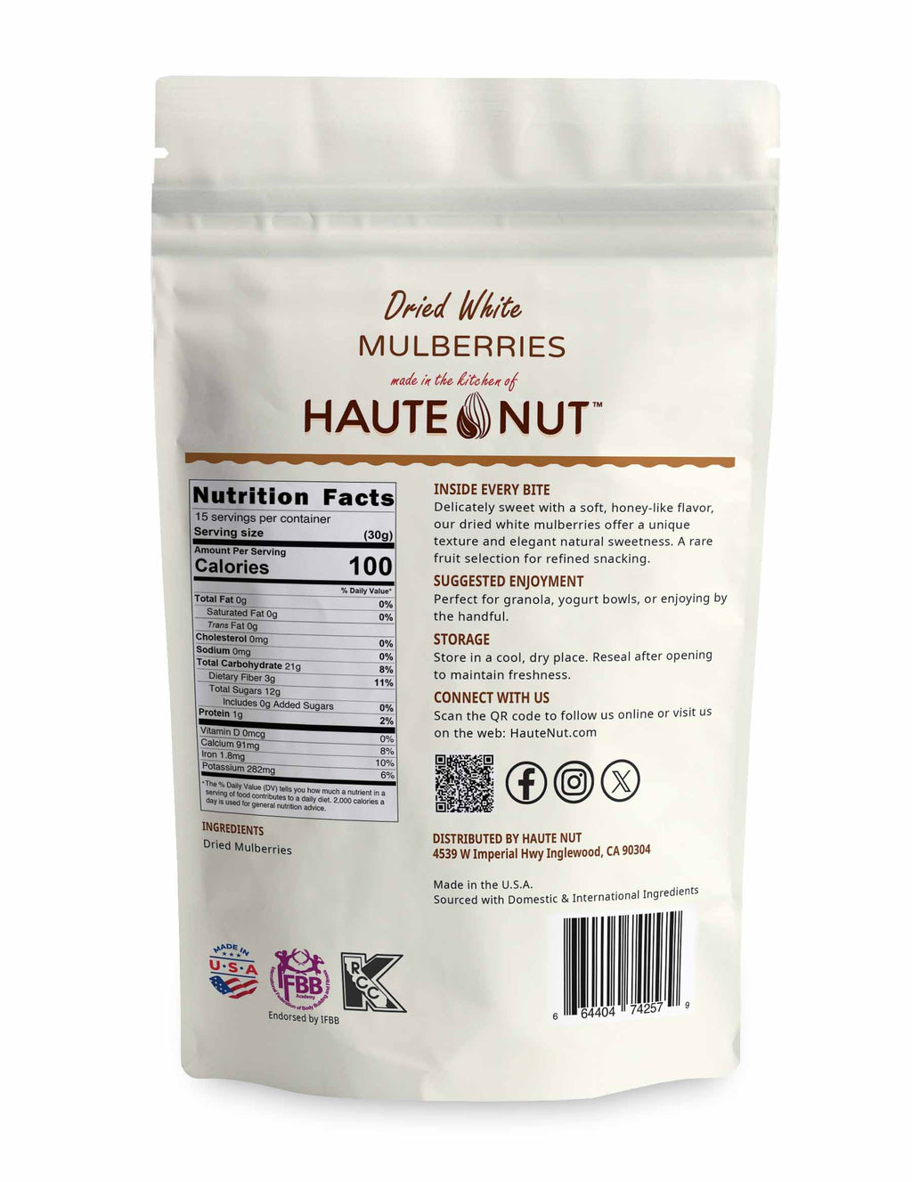 Dried White Mulberries back package nutrition and ingredients - HAUTE NUT Dried Fruit