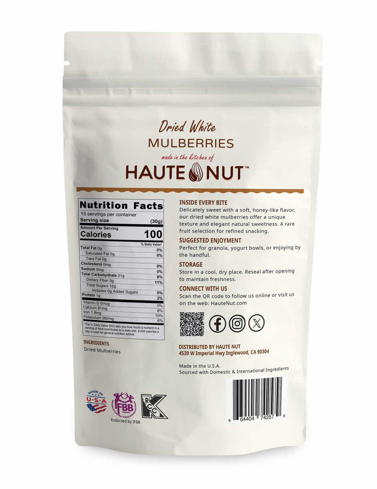 Dried White Mulberries back package nutrition and ingredients - HAUTE NUT Dried Fruit