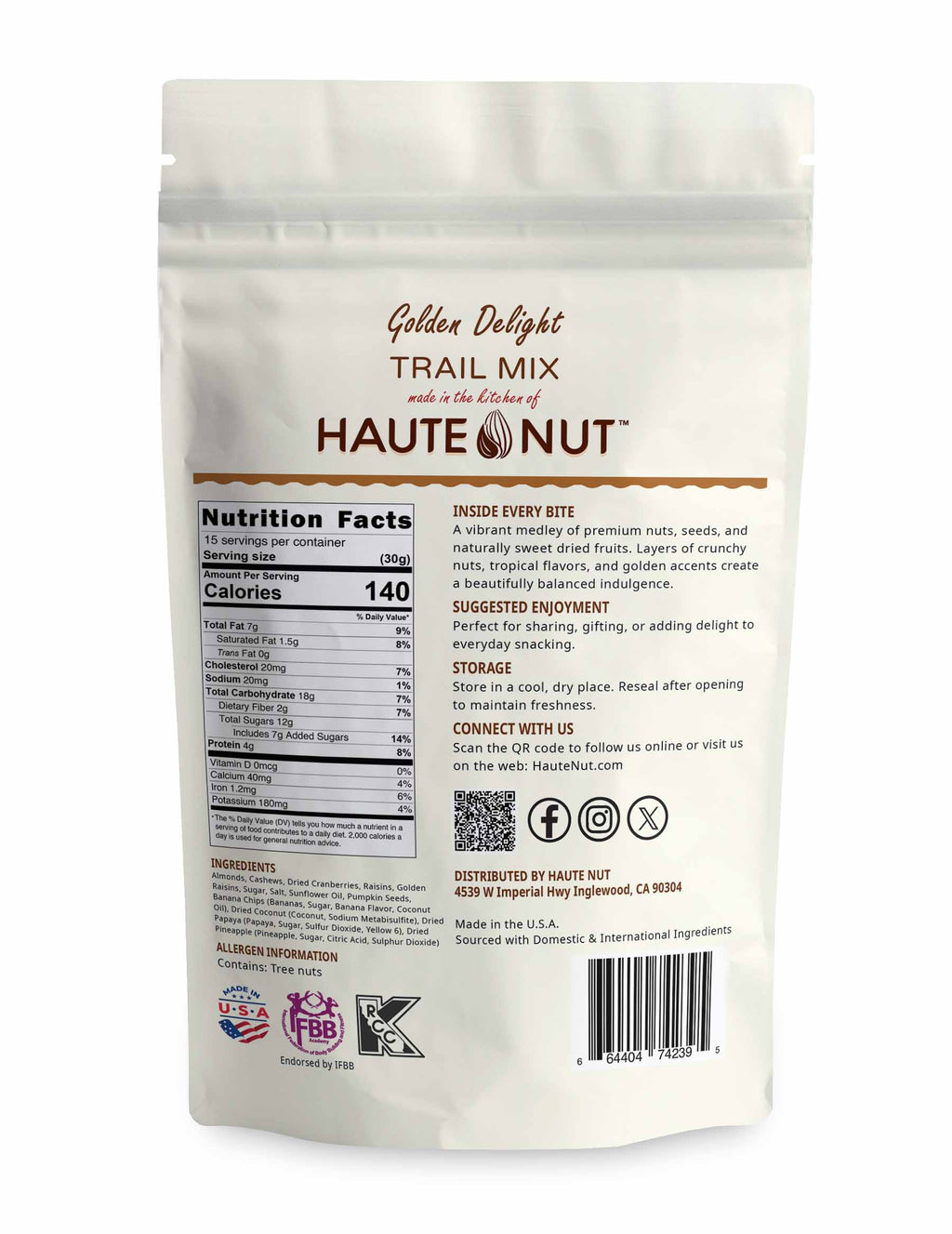 Golden Delight Trail Mix back package nutrition and ingredients - HAUTE NUT Trail Mix