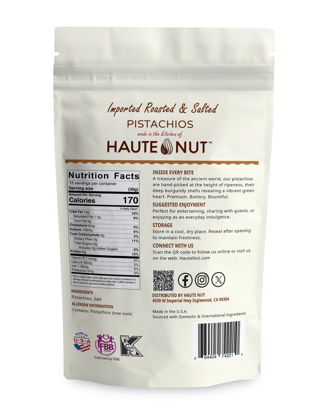 Imported Roasted & Salted Pistachios back package nutrition and ingredients - HAUTE NUT Pistachios