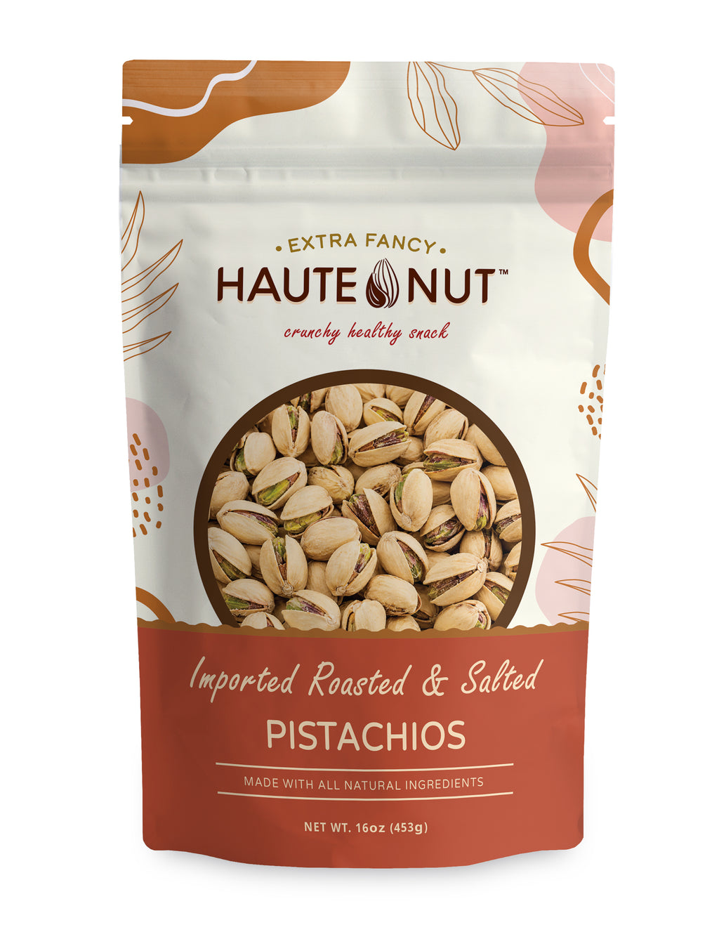 Imported Roasted & Salted Pistachios front package - HAUTE NUT Pistachios product image