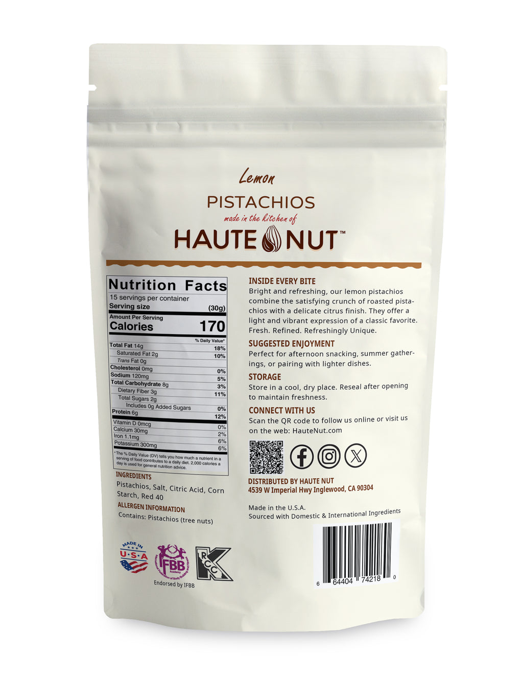 Lemon Pistachios back package nutrition and ingredients - HAUTE NUT Pistachios