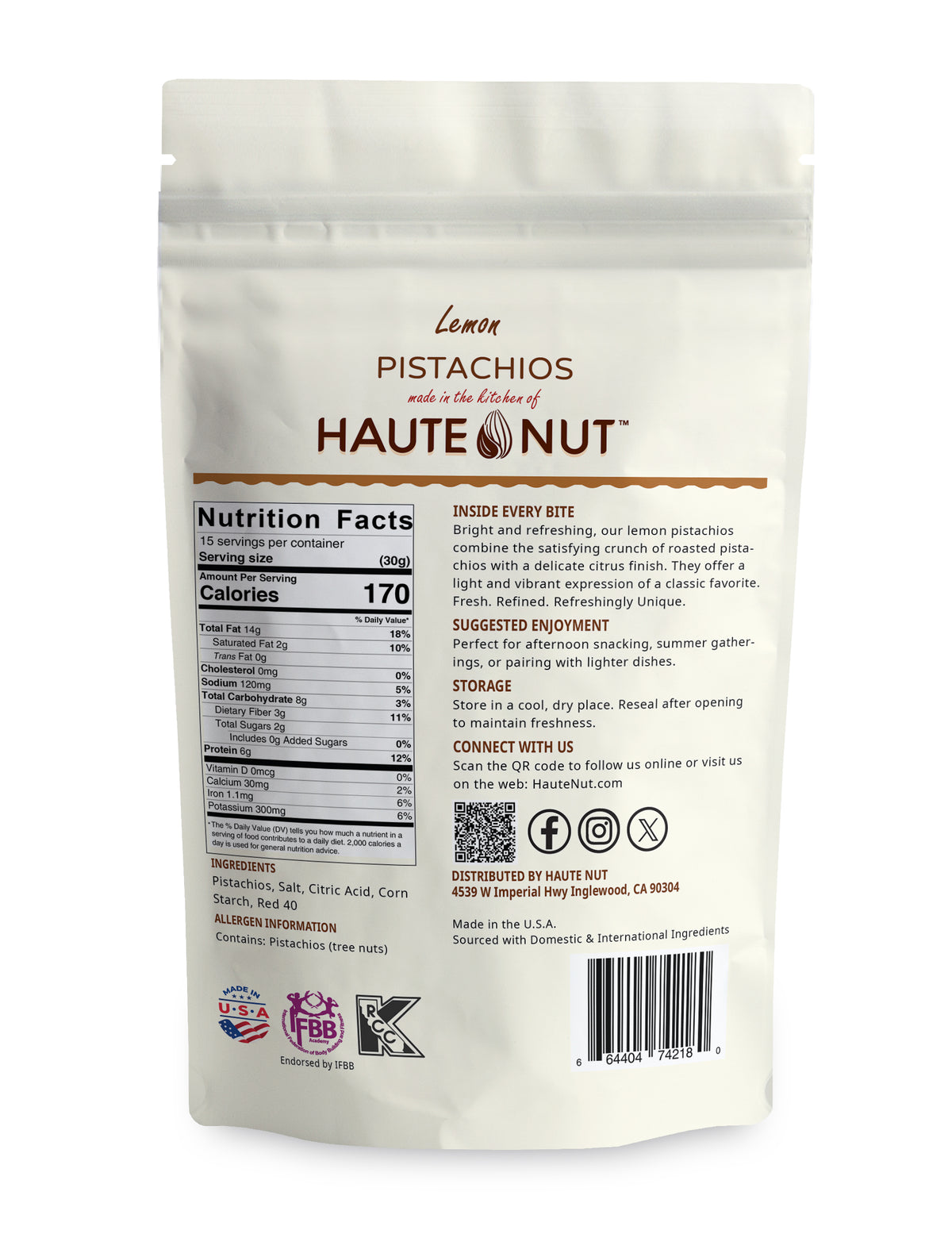 Lemon Pistachios back package nutrition and ingredients - HAUTE NUT Pistachios