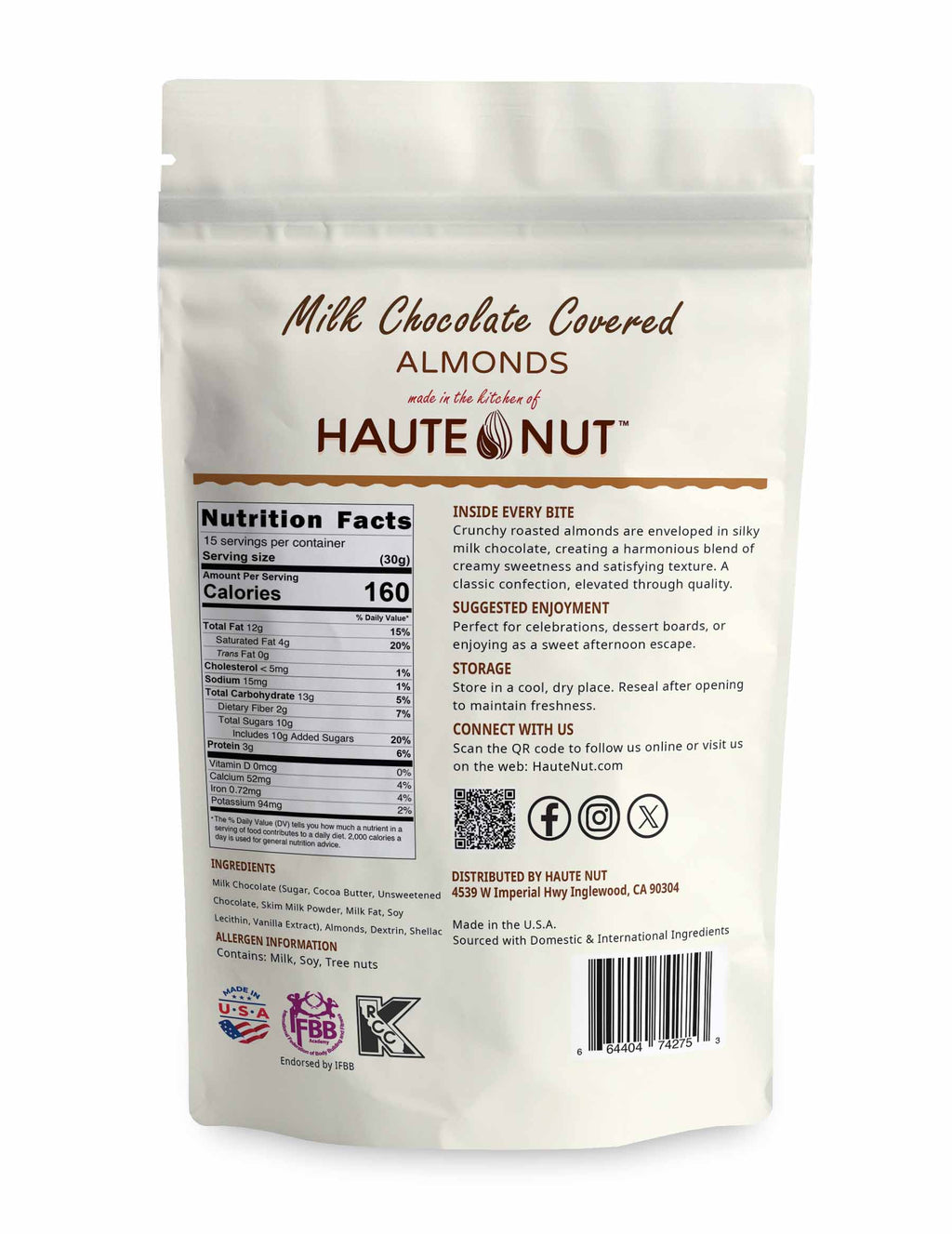 Milk Chocolate Covered Almonds back package nutrition and ingredients - HAUTE NUT Chocolate Nuts