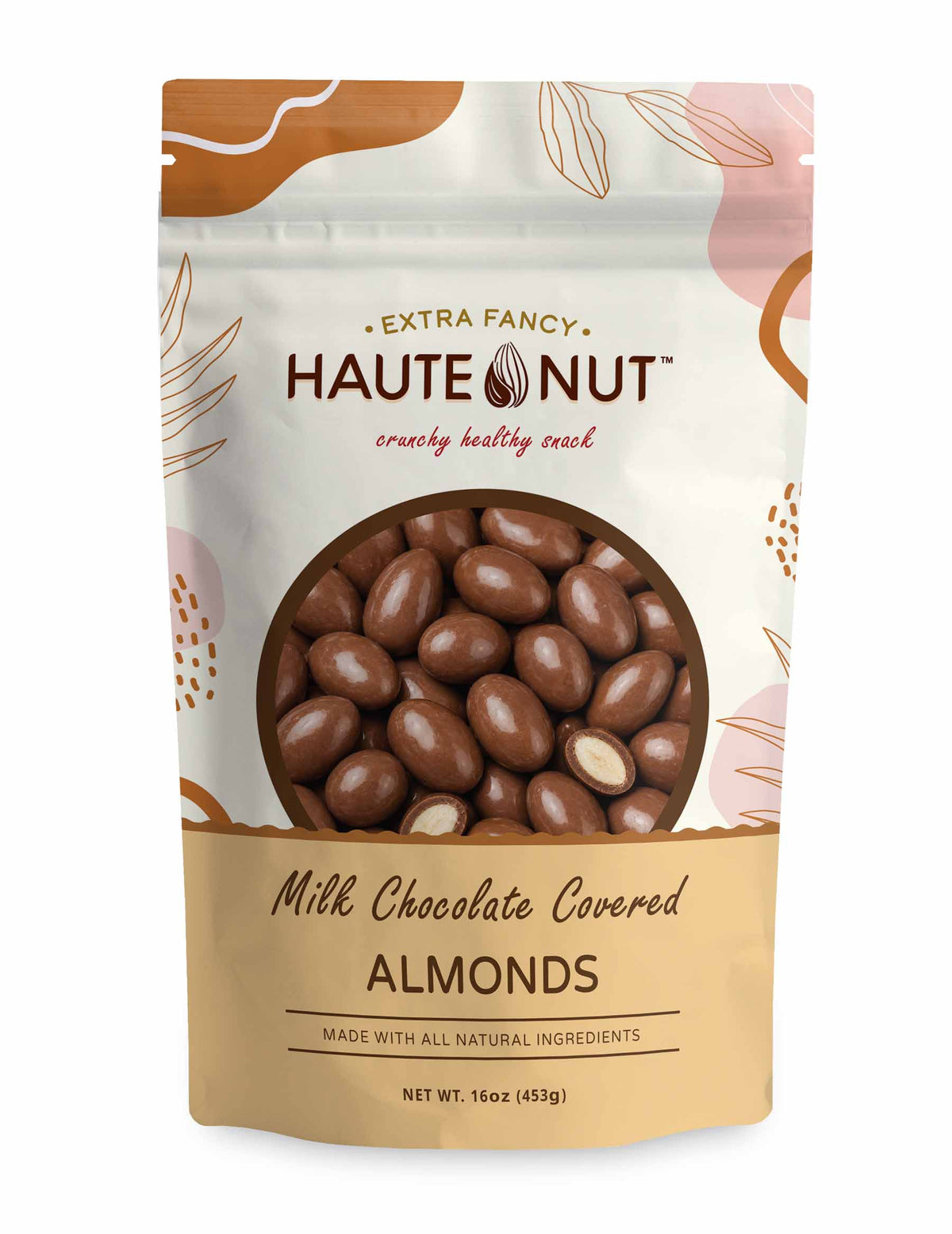 Milk Chocolate Covered Almonds front package - HAUTE NUT Chocolate Nuts product image