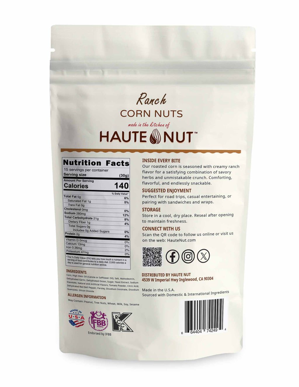 Ranch Corn Nuts back package nutrition and ingredients - HAUTE NUT Corn Nuts