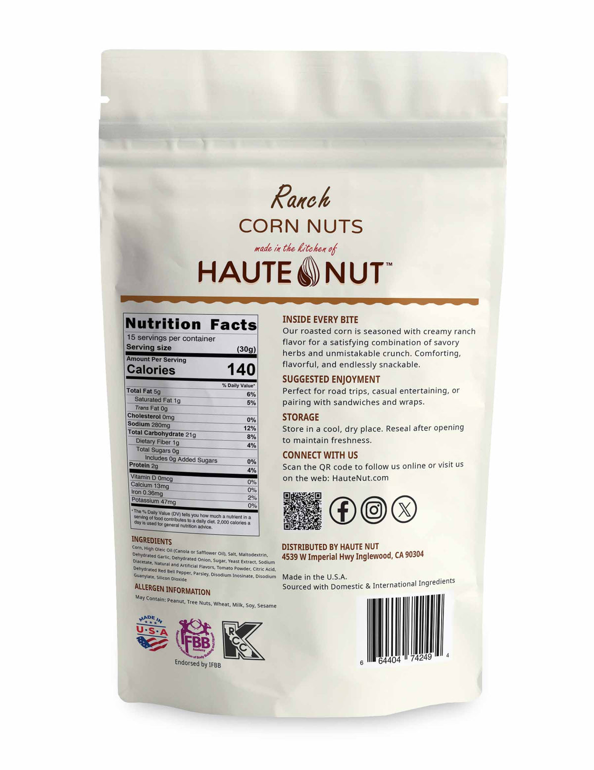 Ranch Corn Nuts back package nutrition and ingredients - HAUTE NUT Corn Nuts