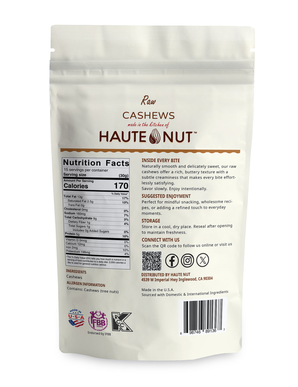 Raw Cashews back package nutrition and ingredients - HAUTE NUT Cashews