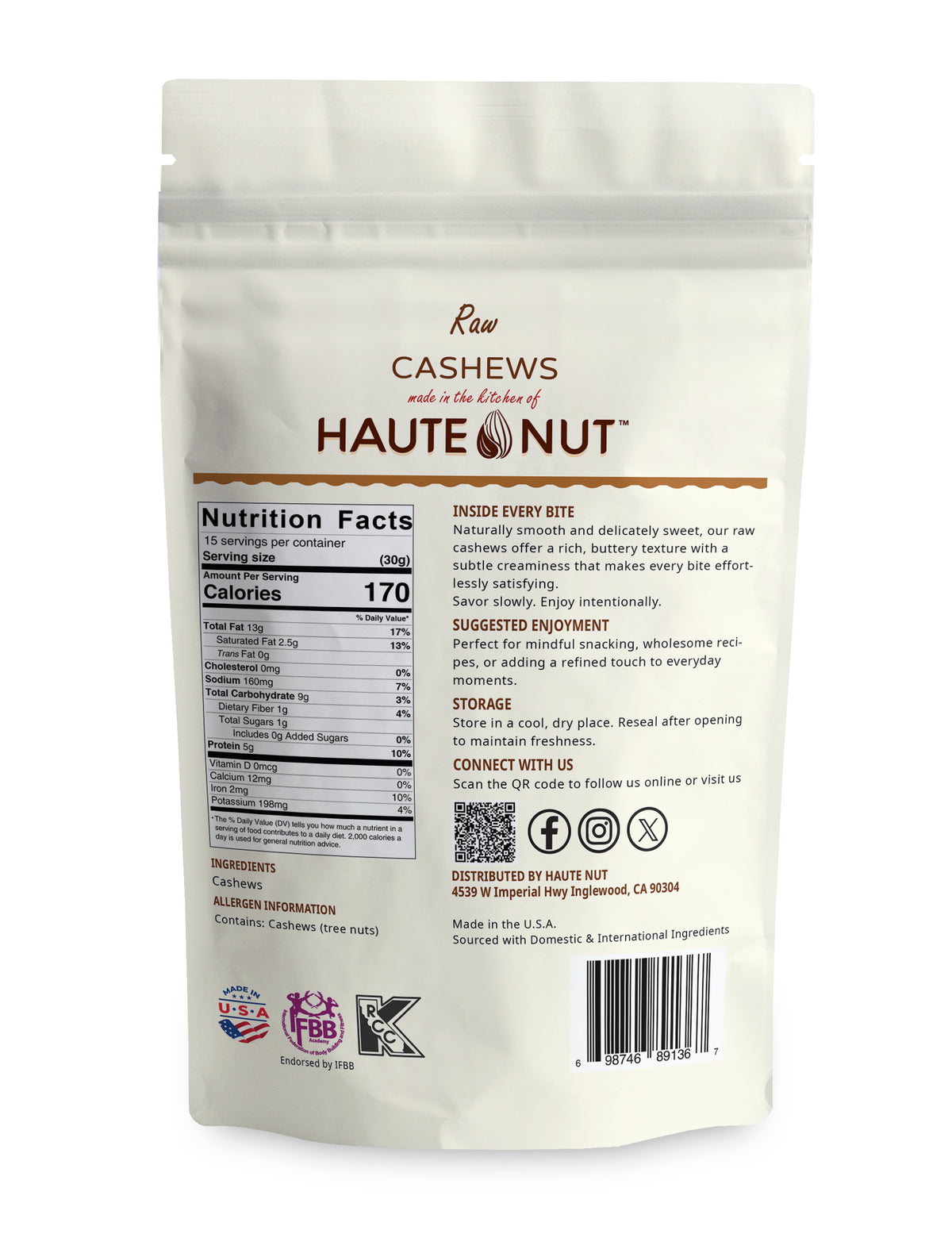 Raw Cashews back package nutrition and ingredients - HAUTE NUT Cashews