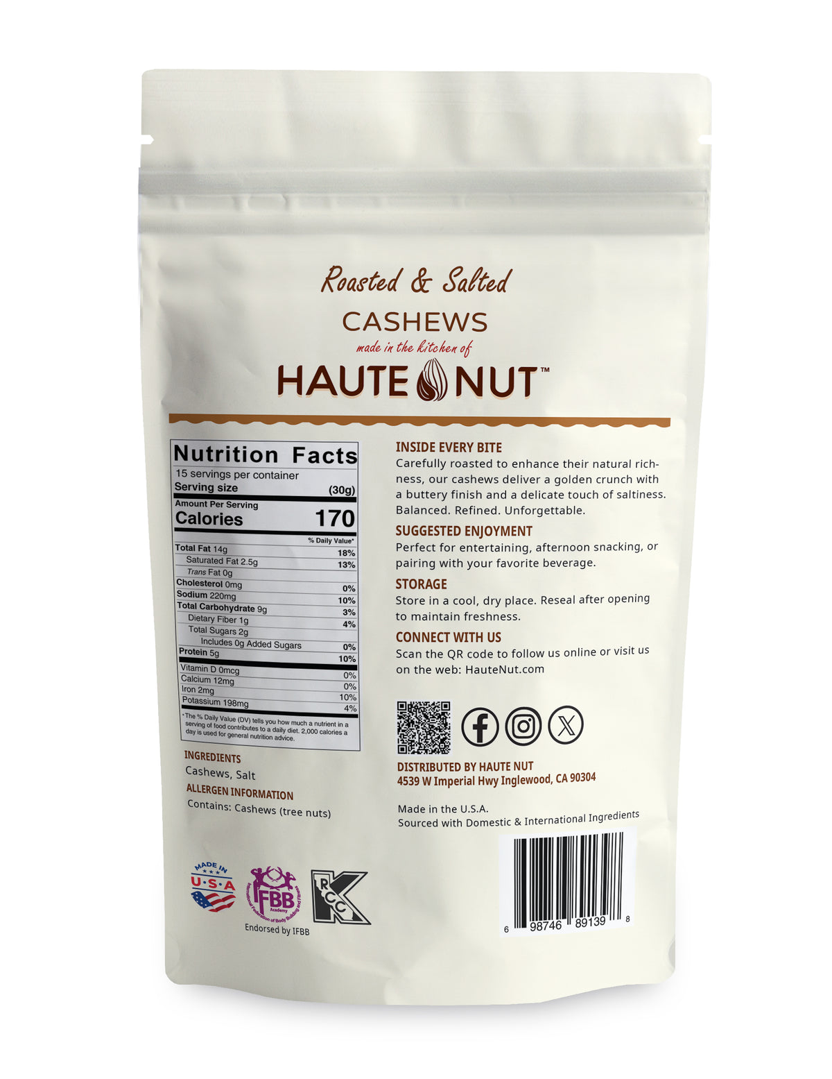 Roasted & Salted Cashews back package nutrition and ingredients - HAUTE NUT Cashews