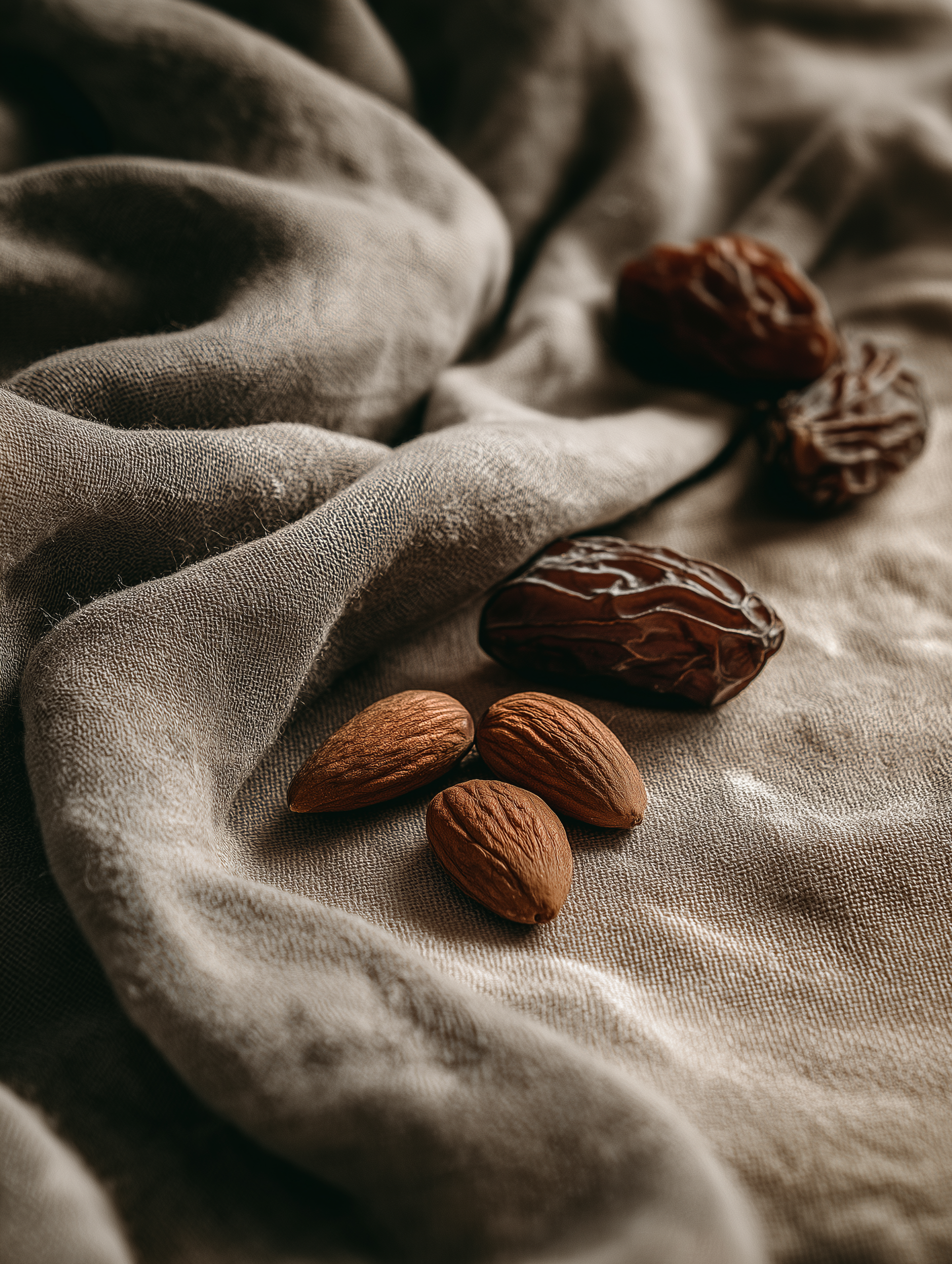 almonds resting on wrinkled linen and next to it dried dates lit from the side.