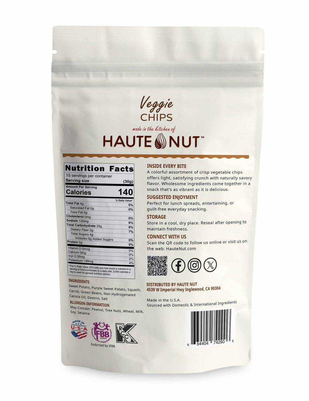 Veggie Chips back package nutrition and ingredients - HAUTE NUT Veggie Chips