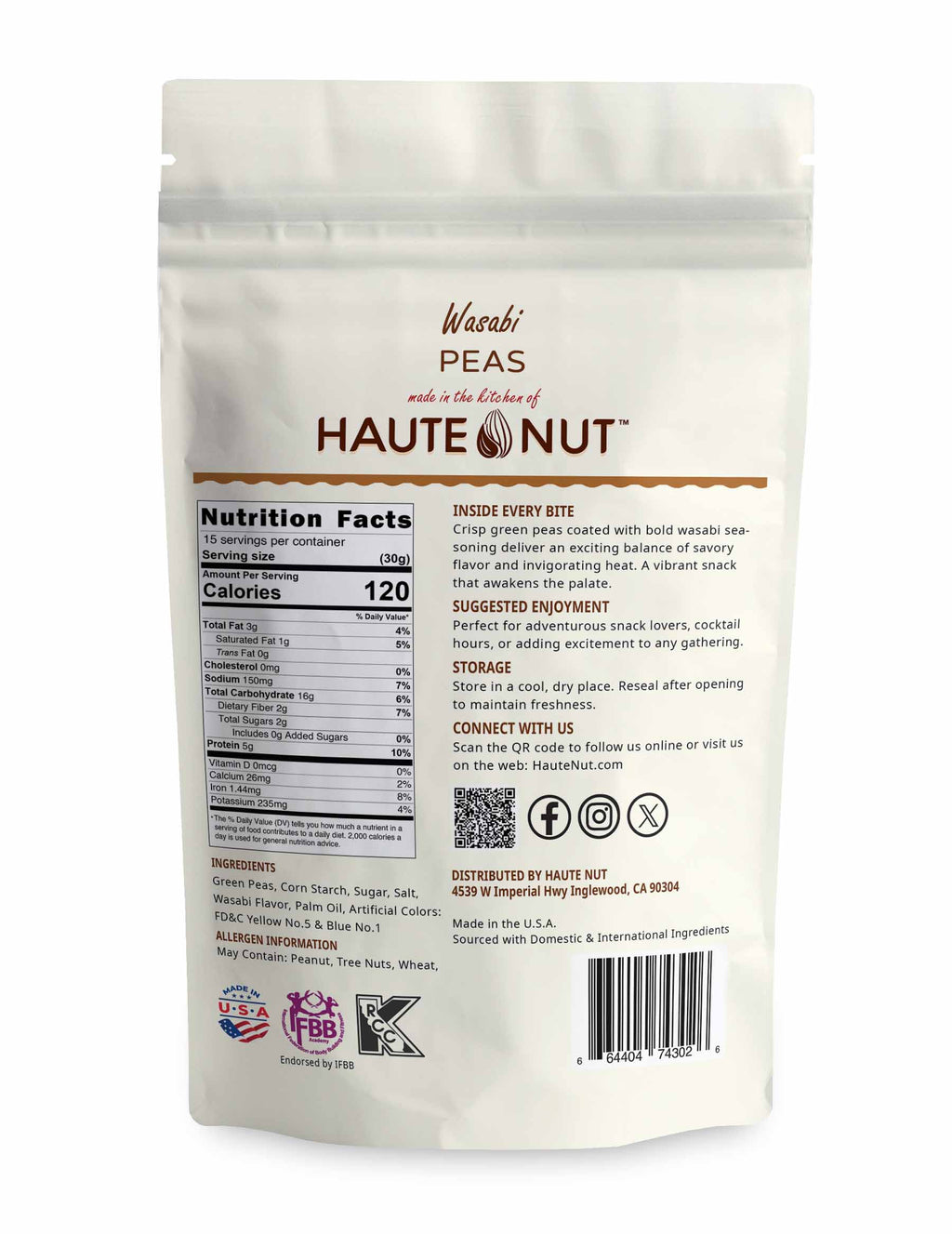 Wasabi Peas back package nutrition and ingredients - HAUTE NUT Wasabi Peas